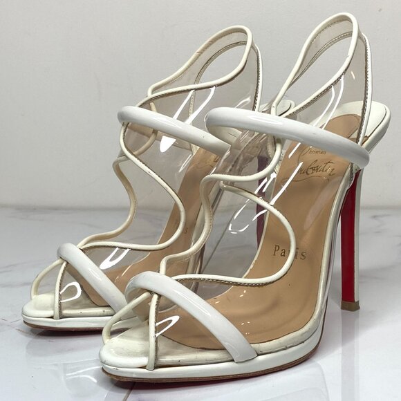 Christian Louboutin AQUA RONDA PVC & White Patent Leather 120mm Heel Sandals 36